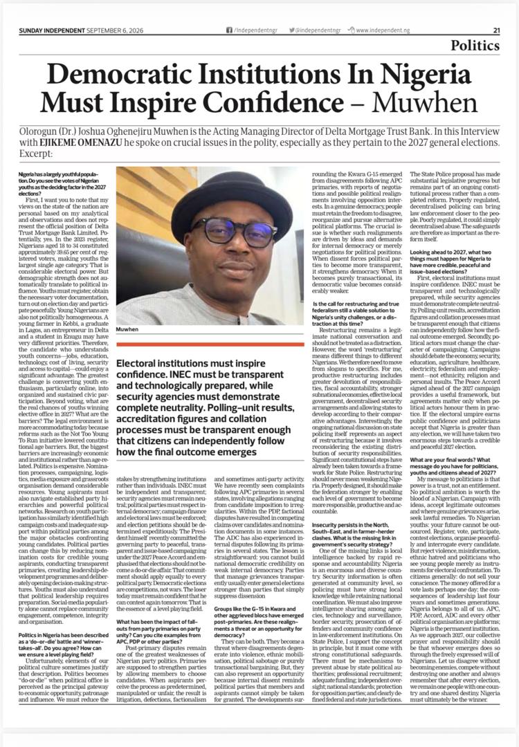 Democratic Institutions in Nigeria Must Inspire Confidence – Muwhen